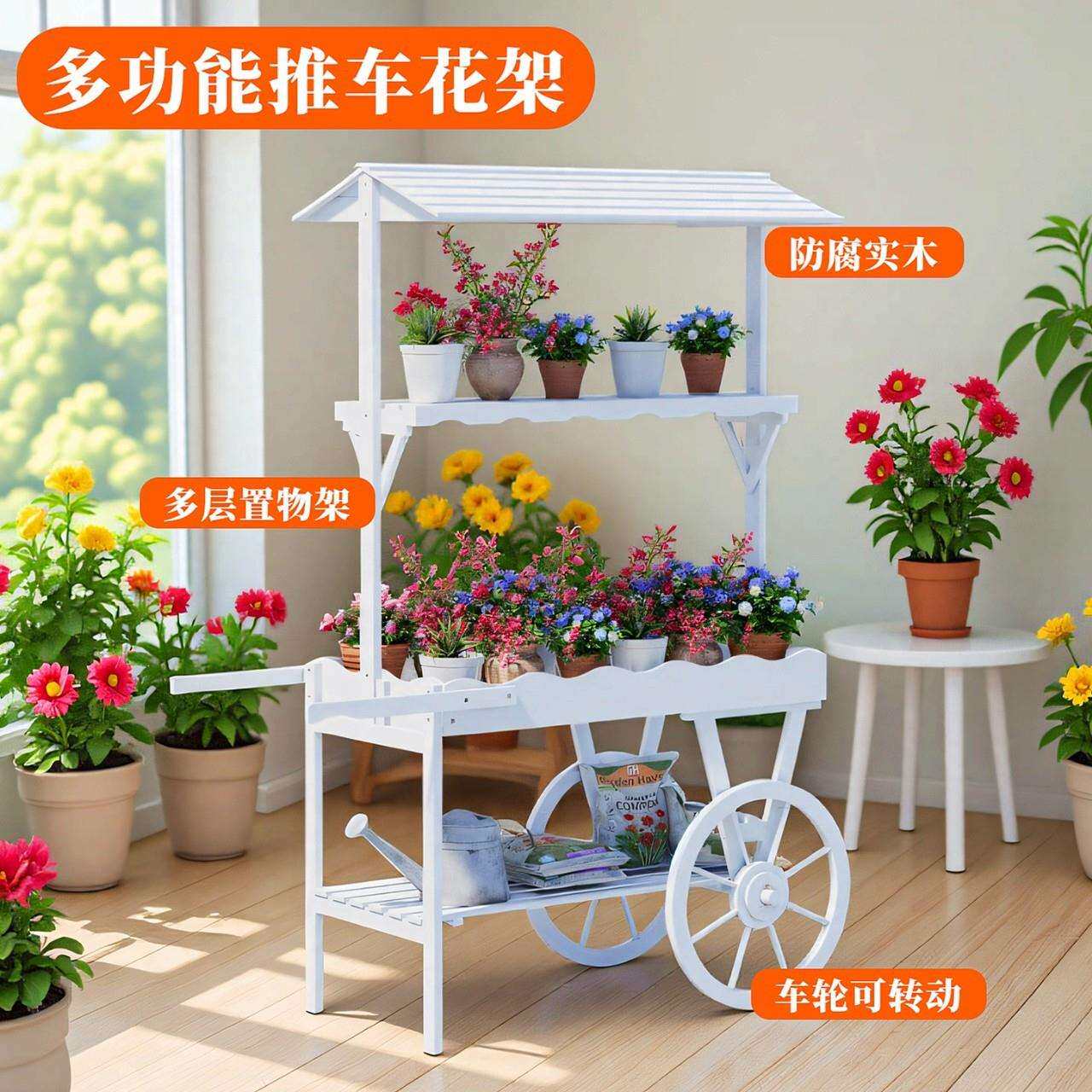 田园花架实木推车置物架阳台收纳架商场创意促销车户外装饰大摆件