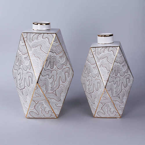 厂家直销轻奢新中式几何水纹图案陶瓷花瓶干花花器酒店会所样板房