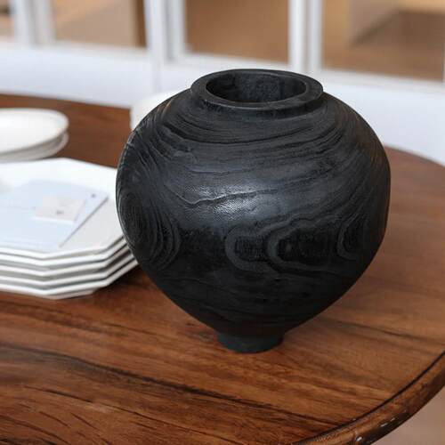 侘寂中古圆饰形花瓶木质水桌培鲜花插餐花客厅装摆饰轻奢高级2023