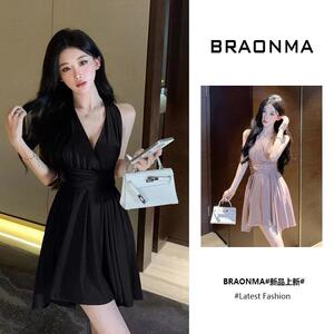 BRAONMA 法式赫本风挂脖露背连衣裙女夏季独特别致漂亮气质小黑裙
