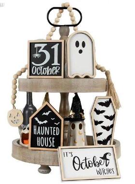 6Pcs Cute Wooden Sign Ghost Bat Coffin Haunted House Ghost