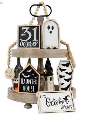 6Pcs Cute Wooden Sign Ghost Bat Coffin Haunted House Ghost