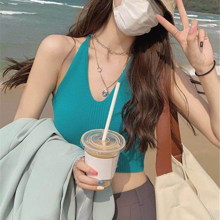 小吊带外穿辣妹抹胸美背上衣女夏天设计感系带挂脖针织打底背心女图片