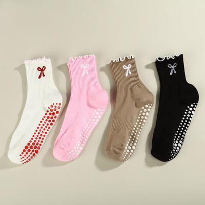 Women's 4-Pair Non-Slip Grip Athletic Socks Ruffled Bow