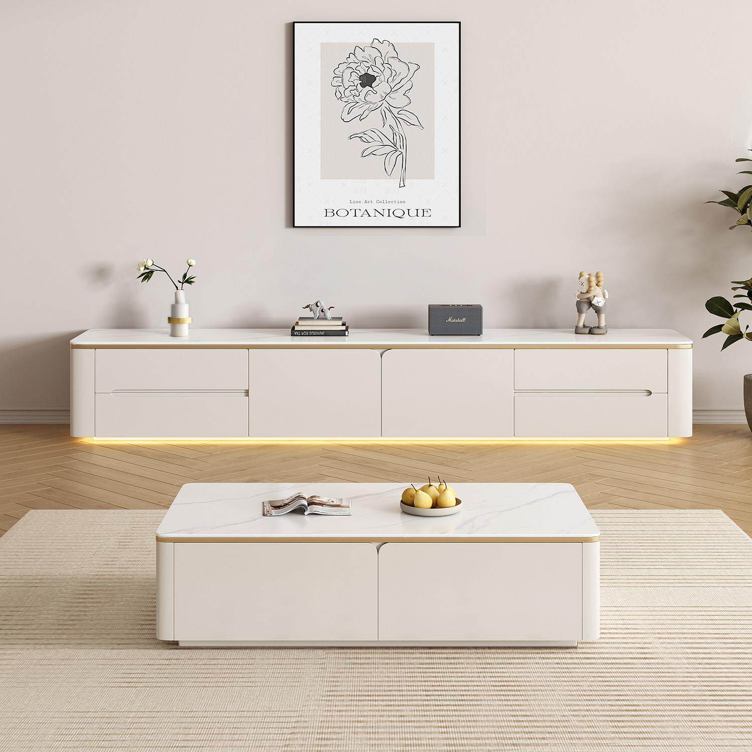 全实木岩板落地电视柜茶几组合现代简约小户型家用客厅高级感轻奢