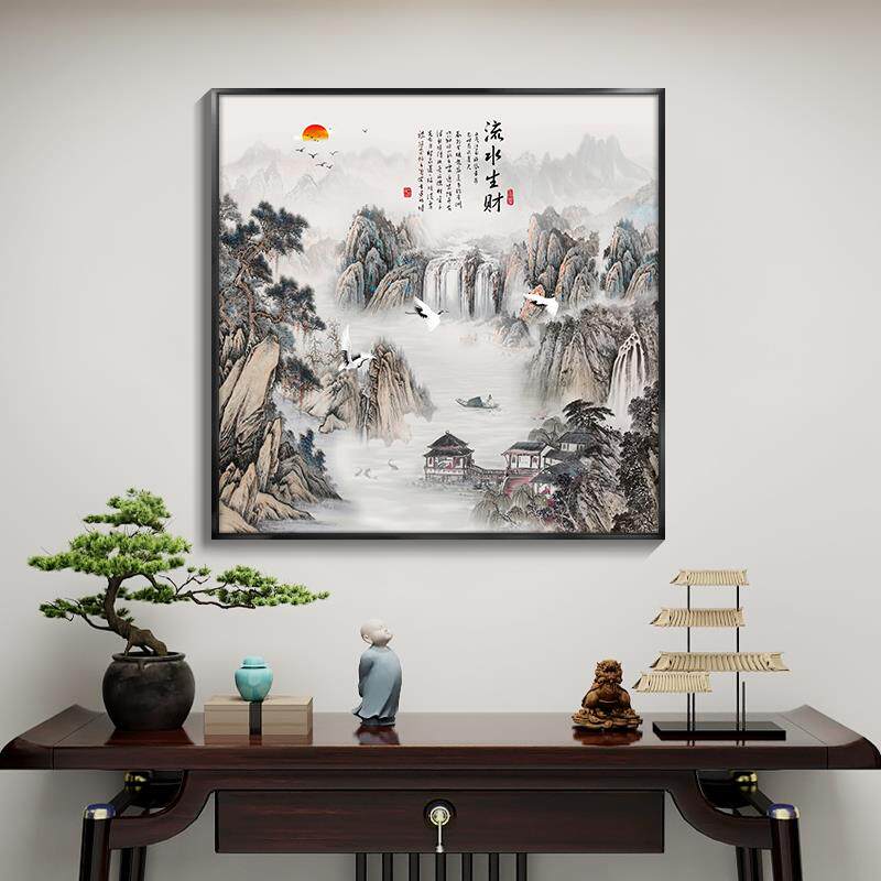 斗方方形流水生财风景山水画办公室挂画茶室壁画新中式玄关装饰画