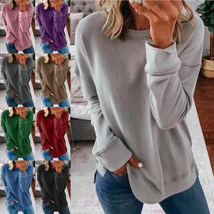 Crew Neck Oversized Sweatshirt Zipper Slit Long Sleeve