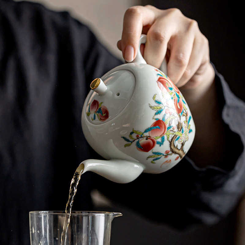 九桃五福美人茶壶中式陶瓷泡茶单壶老式急须复古青花大号功夫茶具