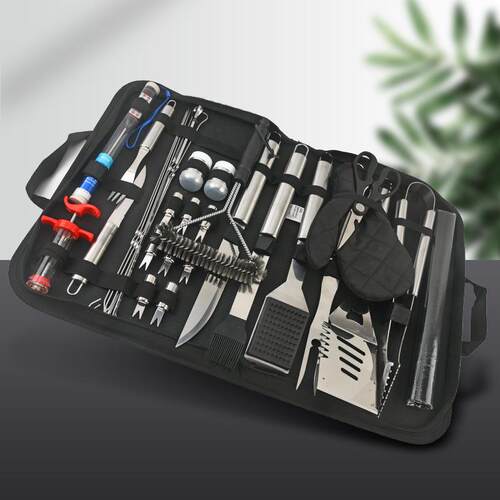 跨境户外不锈钢烤具30件套布袋手套大管柄套装多功能烤具套装组合