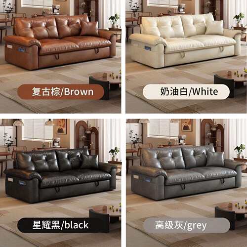 复古油蜡皮沙发床折叠一体两用小户型伸缩中古风拉床客厅2025新款