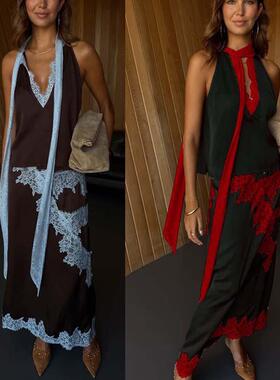 Women Summer 2 Piece Outfits Stylish Lace Patchwork, Fashion