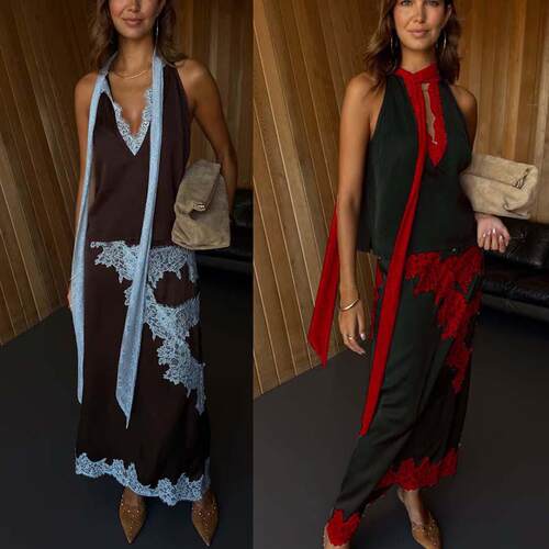Women Summer 2 Piece Outfits Stylish Lace Patchwork, Fashion