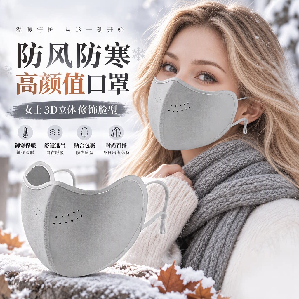 冬季户外保暖口罩女士高颜值防风防寒加厚3D立体纯色透气护眼角