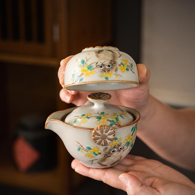 猫咪汝窑便携式旅行茶具小套装手抓泡茶茶壶茶杯一壶三杯户外露营图片