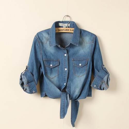 Women Crop Tie Knot Shirt 3 4 Sleeve Cardigan s Denim