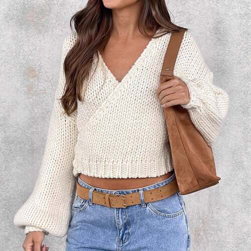 Women Long Sleeve Knitted Fitted Wrap Cardigan Sweater