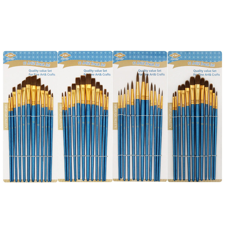 热卖水彩丙烯画笔套装12支珠光蓝杆学生美术用品绘油画画笔