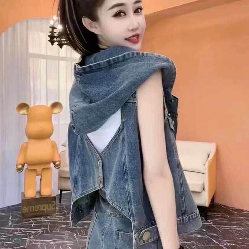 欧洲站牛仔马甲连帽女2025年春秋新款露背洋气显瘦时尚设计感外套