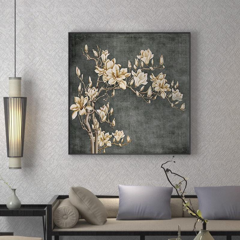 新中式装饰画酒店餐厅客厅玄关壁画复古中国风玉兰花古典方形挂画