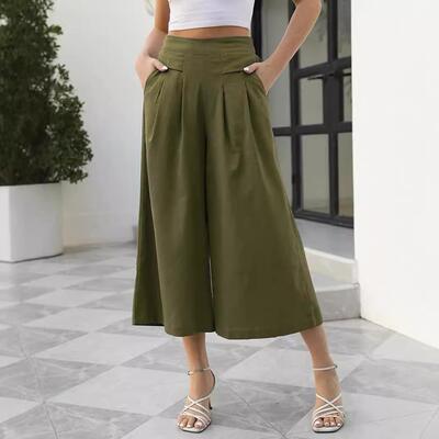 Womens Pants Trousers Cotton Linen Culottes Elastic Waist