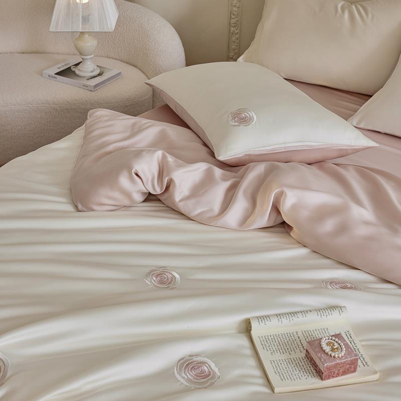 A类母床婴玫6瑰0S进口被兰精天丝四件套刺绣JCZY4264凉感丝滑套学