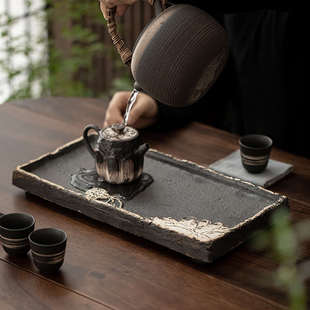 粗陶功夫茶具陶瓷茶盘茶台 侘寂风长方盘 手工大号干泡盘茶托盘