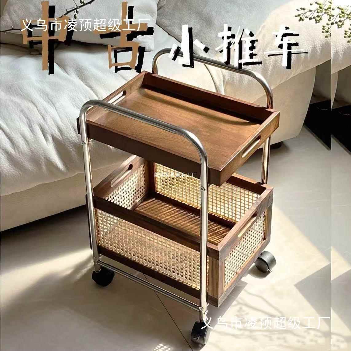 中古风复古小推车杂物收纳推车家居装饰双层置物架脸盆架落地式