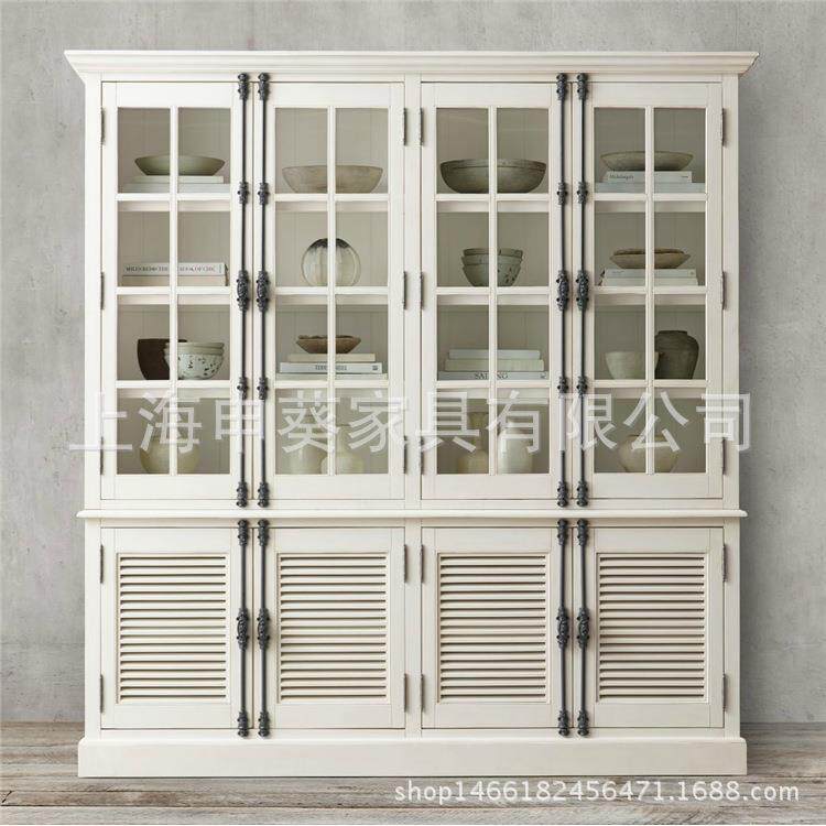 美式新款实木酒柜 玻璃门书柜 橡木仿古书橱储物柜展示柜书房家具