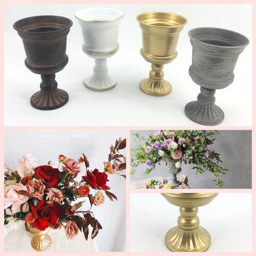 高雅古典花器花瓶花盆擦金铁艺金属白色欧式插花婚礼餐桌花瓶摆件