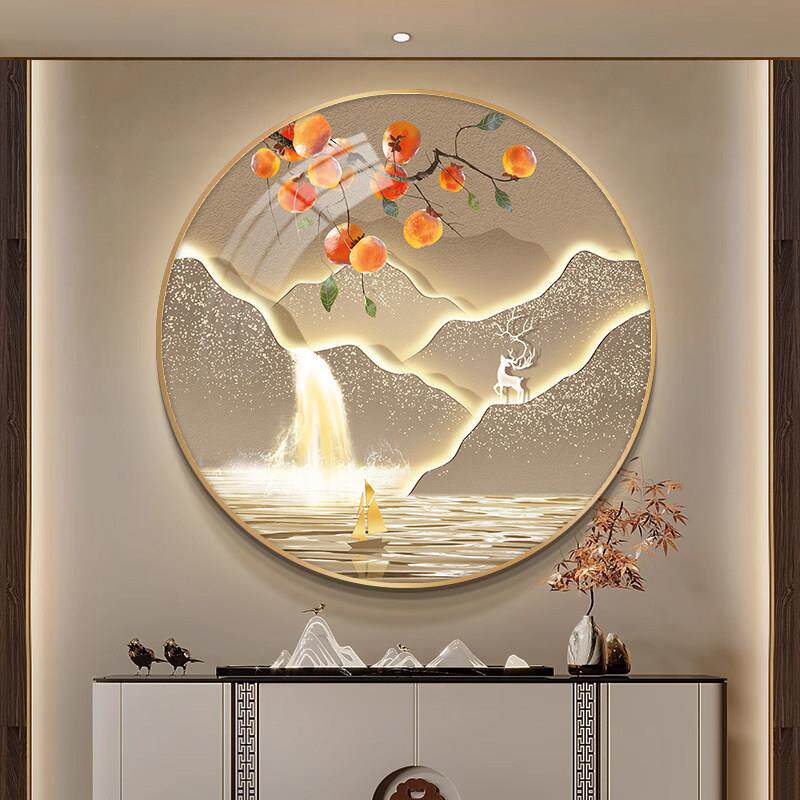 轻奢柿柿如意圆形装饰画客厅玄关挂画山水餐厅餐桌壁画高级感