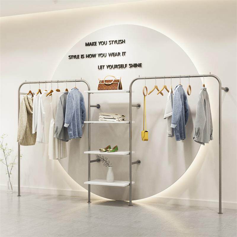服装店挂衣杆带板落地式陈列不锈钢银色衣服架货架上墙展示架服饰