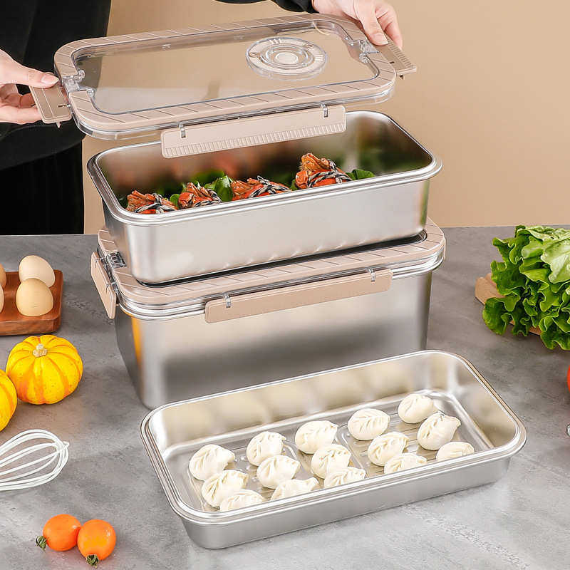 304不锈钢食品冰箱专用保鲜盒 透明带盖密封防潮水果食品收纳盒