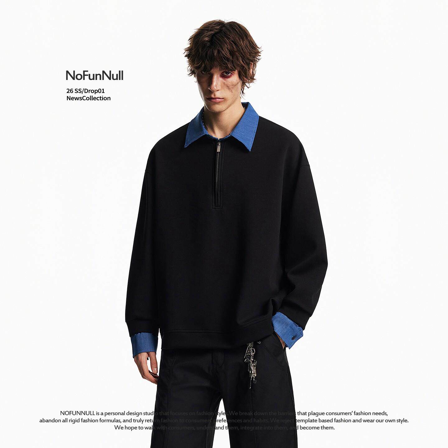 NOFUNNULL 美式复古撞色假两件卫衣春季男女长袖POLO衫宽松外套潮