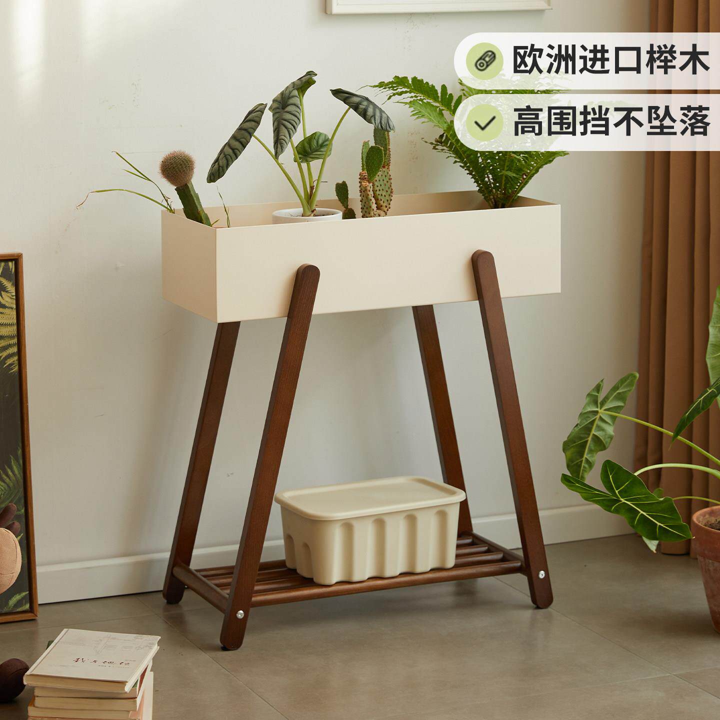 实木花架多层中古风落地阳台摆放架日式客厅可移动绿植盆栽收纳架