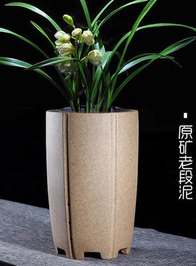 精品六方紫砂兰花盆宜兴陶瓷素面刻绘蕙春建墨兰专用盆带侧孔托盘
