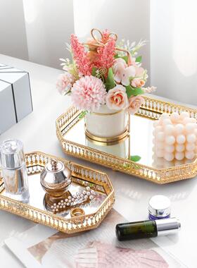 镜面玻璃托 托盘北欧风金色铁艺收纳盘水果盘家用客厅轻奢装饰品