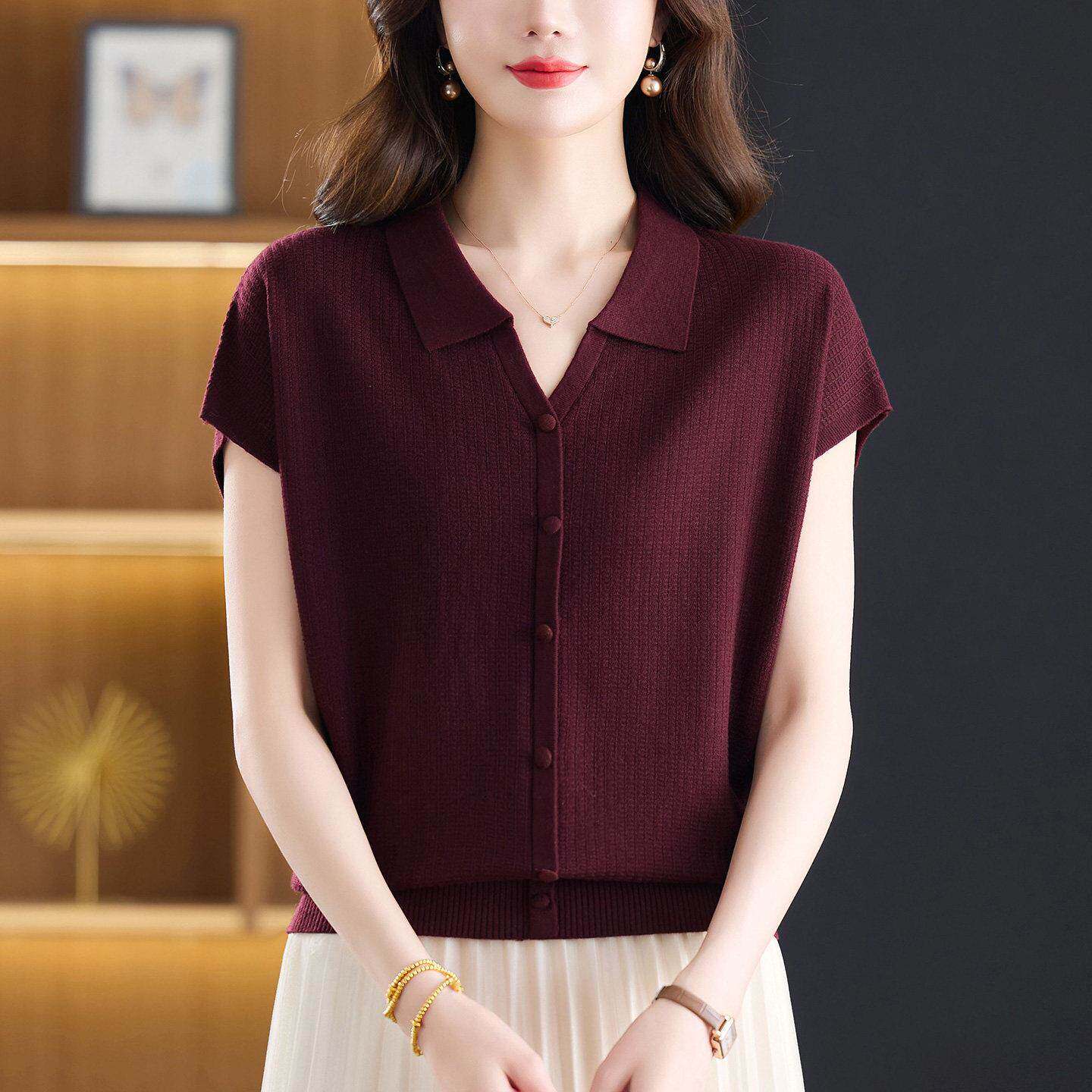 翻领冰丝针织衫短袖t恤女夏季2026新款中年妈妈薄款打底小衫上衣