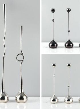 烛台摆件欧式创意轻奢金属银色细长线条高水滴简约现代装饰蜡烛台