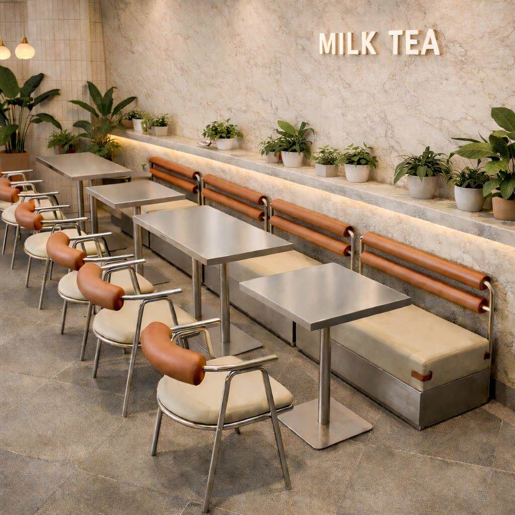 网红工业风奶茶店商用不锈钢卡座沙发主题饭厅饭店火锅店桌椅组合