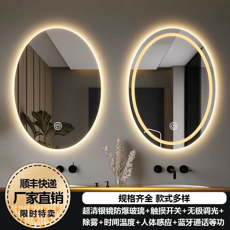 智能椭圆异形LED浴室镜洗手间防雾卫生间厕所壁挂化妆带灯触摸屏