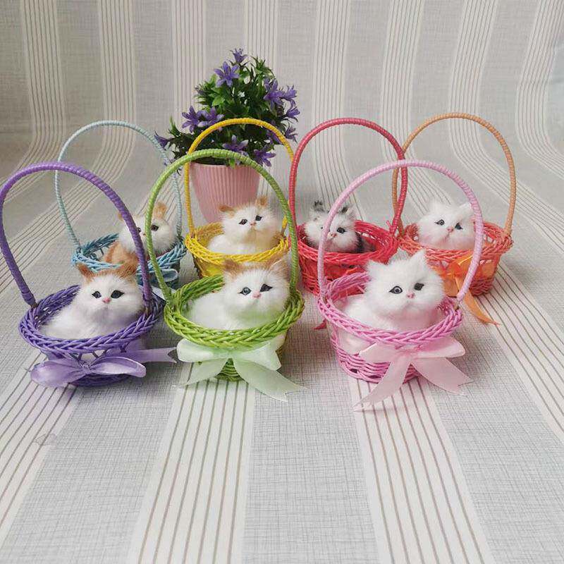 仿真提篮会叫猫咪狗兔子吊篮猫咪桌面摆件饰品生日礼品玩具花篮猫