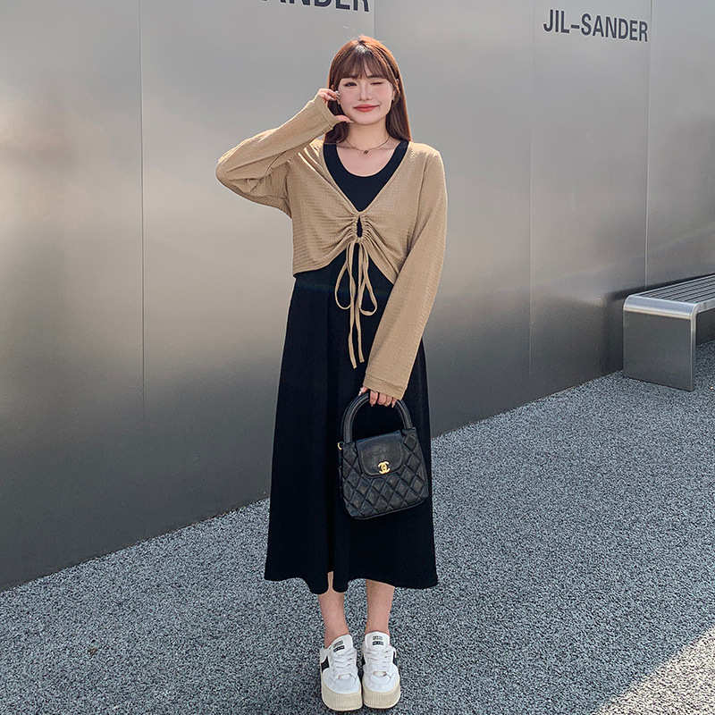 大码200斤胖mm女装打底裙巨显瘦遮肉梨形身材针织开衫套装3296