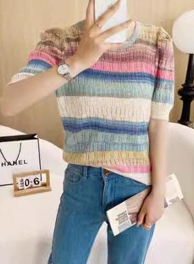 彩虹条纹羊毛针织短袖恤女夏季新款韩版修身显瘦短袖拼色上衣