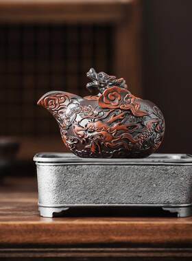 紫陶泡茶壶浮雕祥龙纹单壶紫砂家用功夫泡茶器祥云手抓壶工艺品