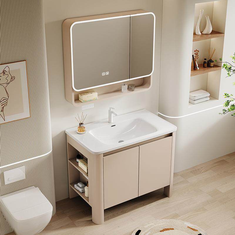 奶油风蜂窝铝落地式浴室柜侧边收纳柜卫生间陶瓷一体盆组合洗漱台