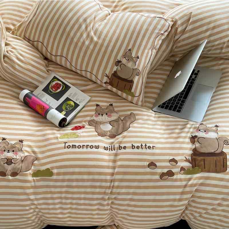 简约小清新条纹松鼠纯棉被套A类天竺棉亲肤柔软裸睡天竺棉四件套