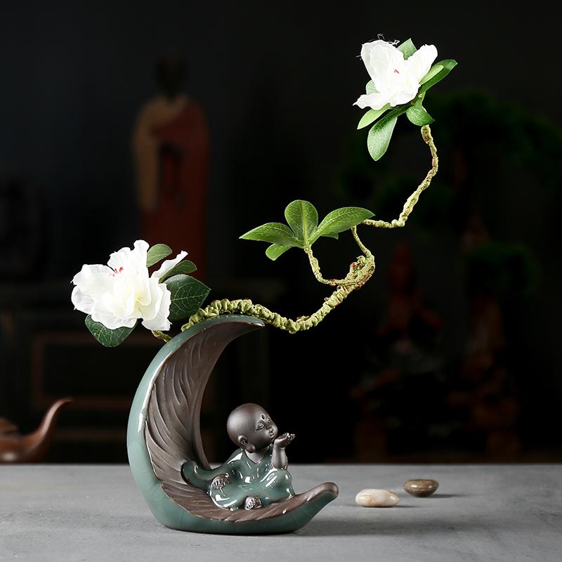 哥窑小和尚茶宠陶瓷复古仿真花插花瓶禅意茶室茶桌装饰博古架摆设