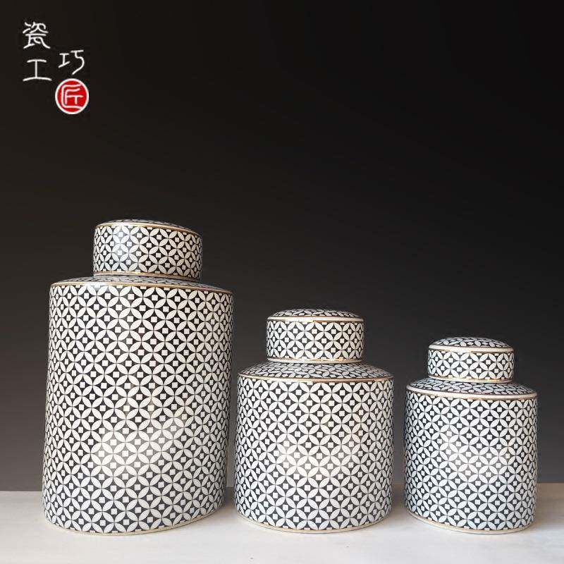 欧式陶瓷储物罐摆件客厅茶几玄关酒柜装饰花瓶糖果罐铜钱纹罐摆设