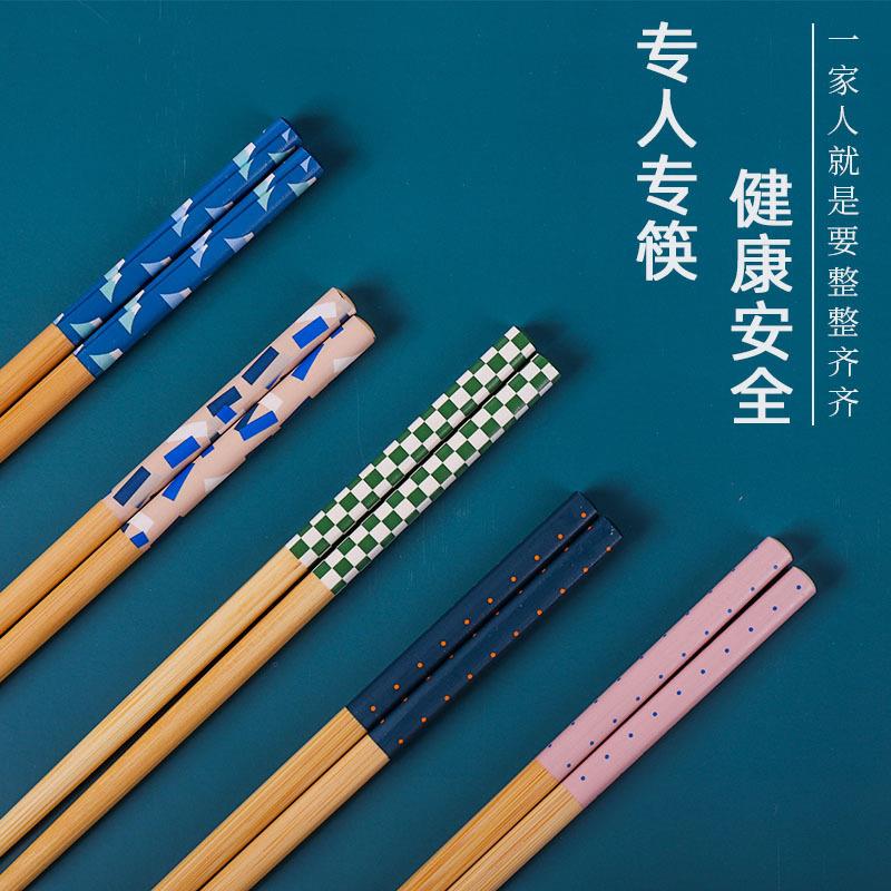 包邮ins风楠竹烤花筷子家庭网红可爱竹筷家用一人一筷专人专用亲