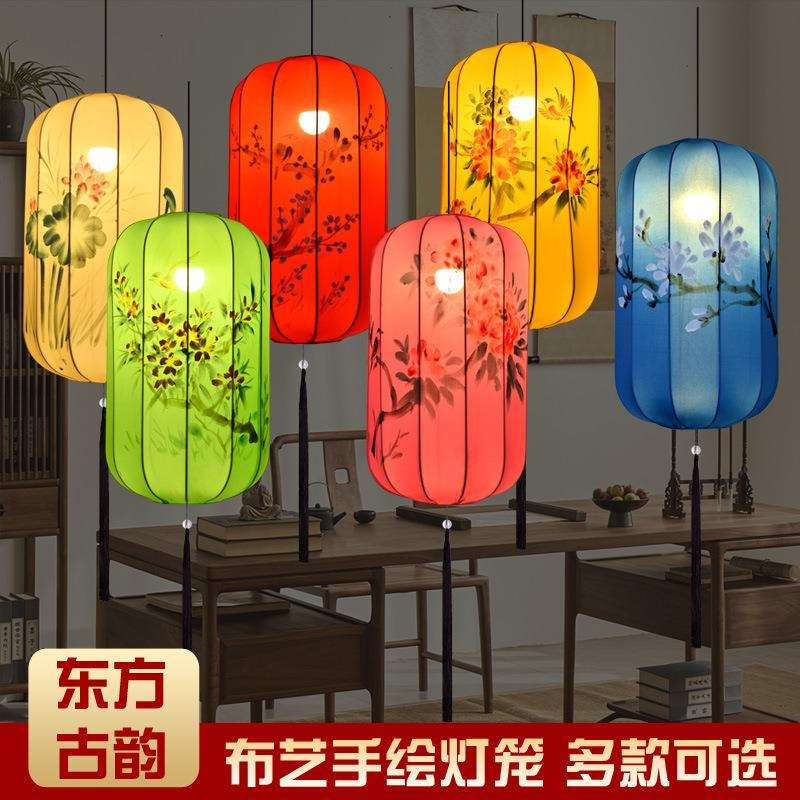 新中式手绘图案布艺吊灯火锅酒店景点仿古长形冬瓜形灯笼灯具